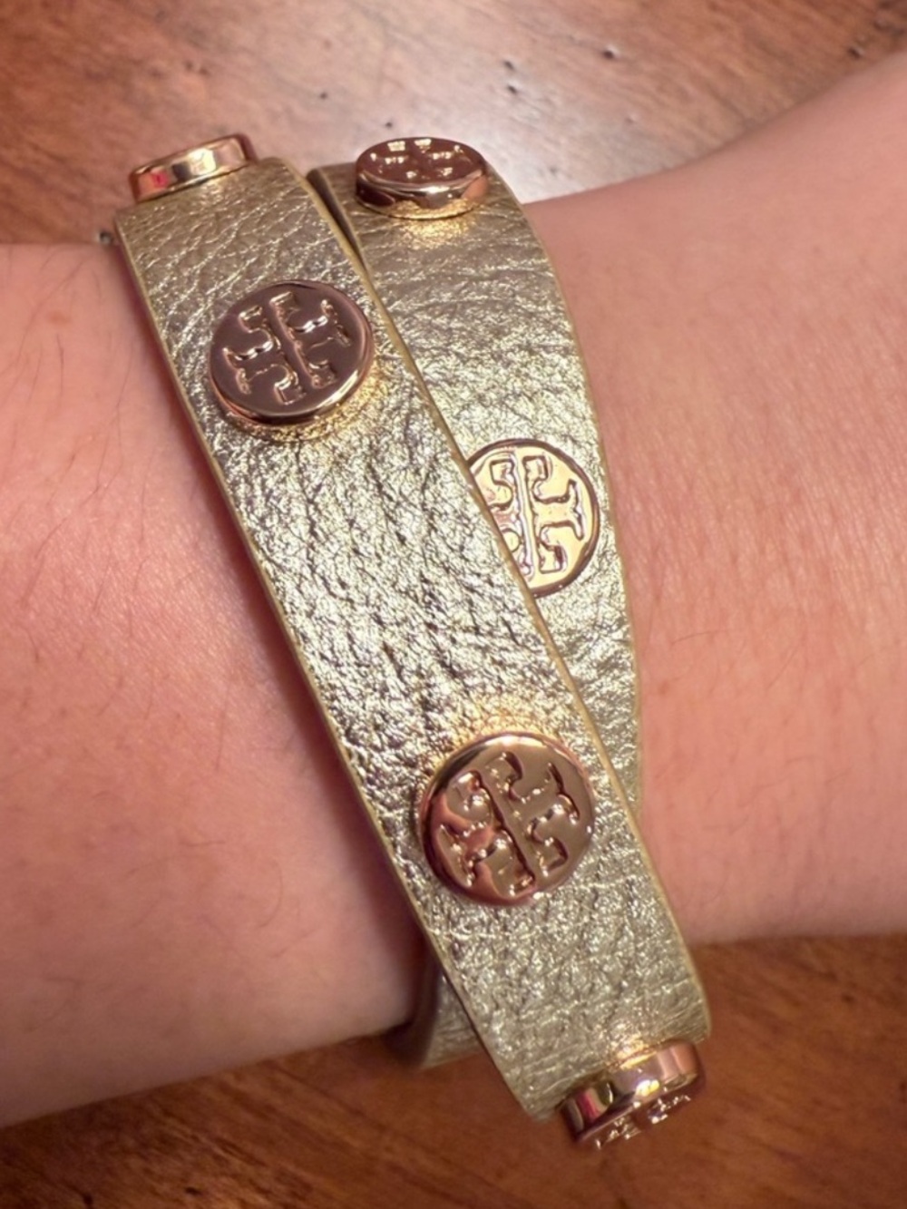 Tory Burch Gold Double-Wrap Leather Bracelet with Logo Studs